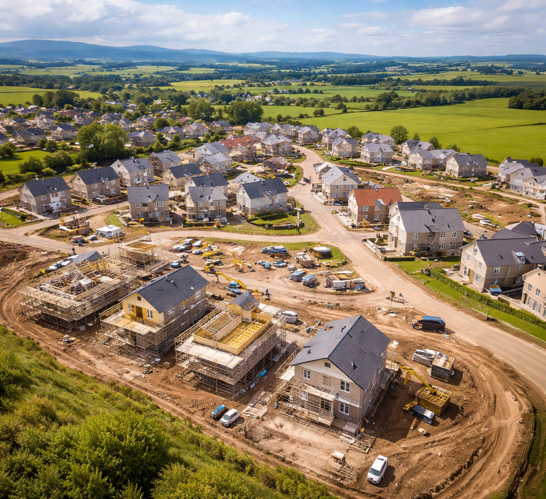 Drone Surveys — aerial view of a housing development site in Scotland
